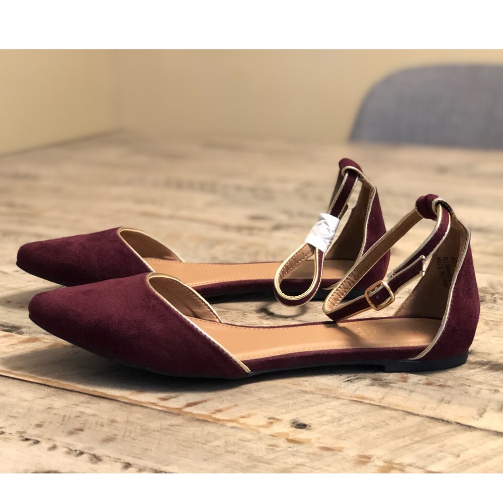 BRAND NEW burgundy flats with ankle strap
